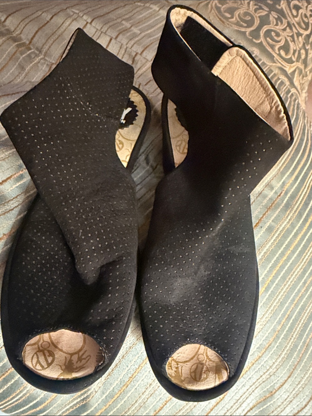 Fly London Black Perforated Peep-Toe Heeled Ankle Boots. So comfortable!!!